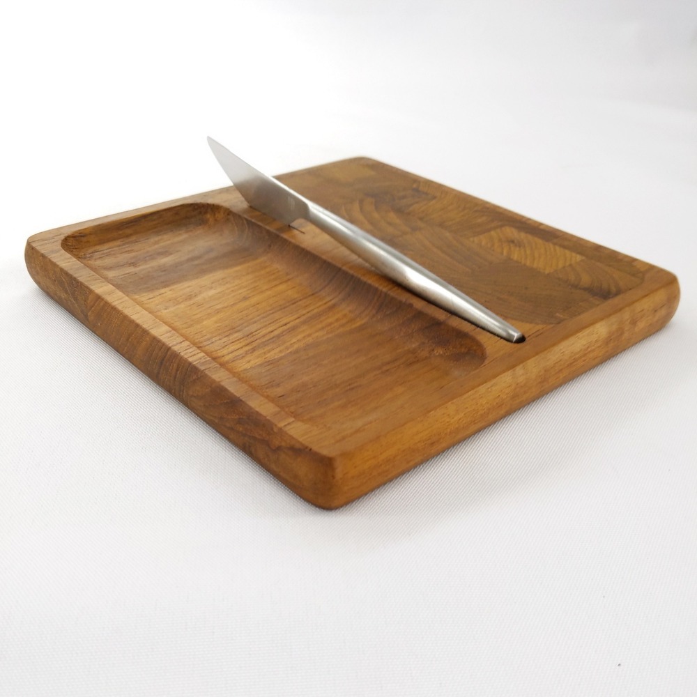 vtg Kalmar Cheese Board Brown Teak Wood Parquet Inlay Serving Tray with Spreader